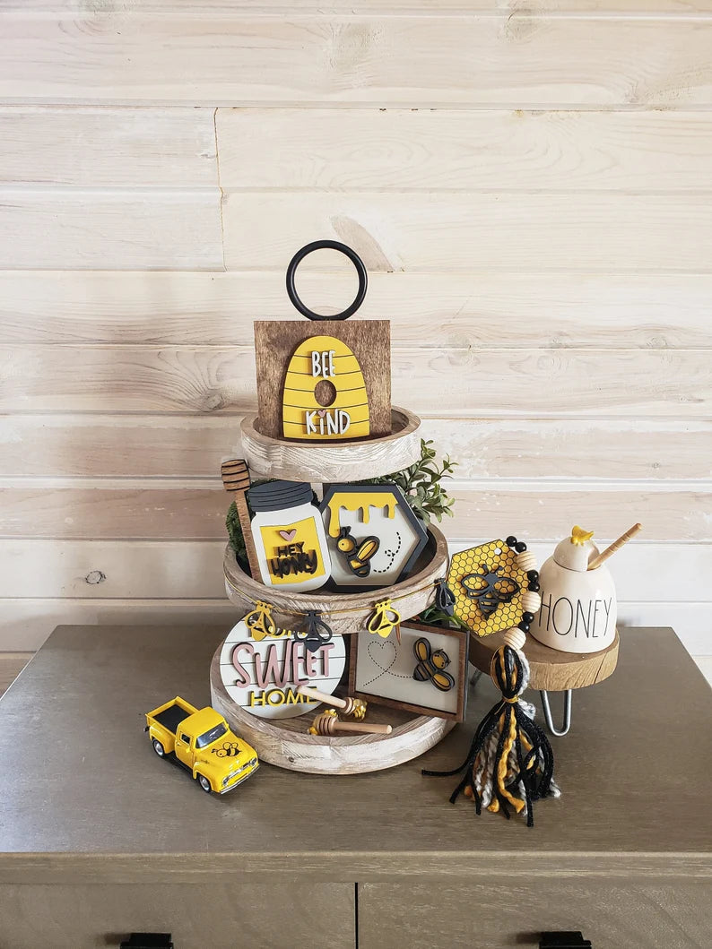 Bee Tiered Tray Wood Signs-Seven pieces included in FULL SET PURCHASE (decor, tray and props not included)