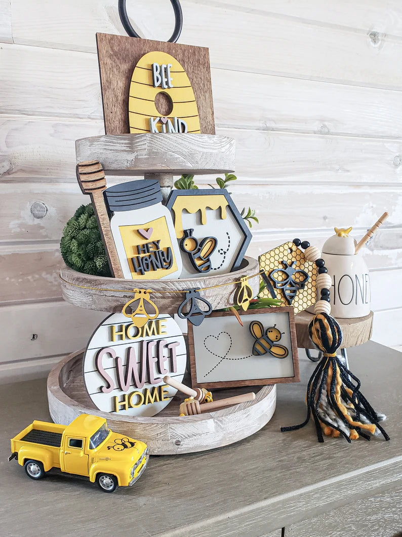 Bee Tiered Tray Wood Signs-Seven pieces included in FULL SET PURCHASE (decor, tray and props not included)