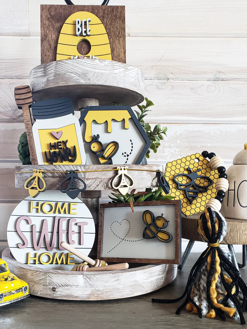 Bee Tiered Tray Wood Signs-Seven pieces included in FULL SET PURCHASE (decor, tray and props not included)