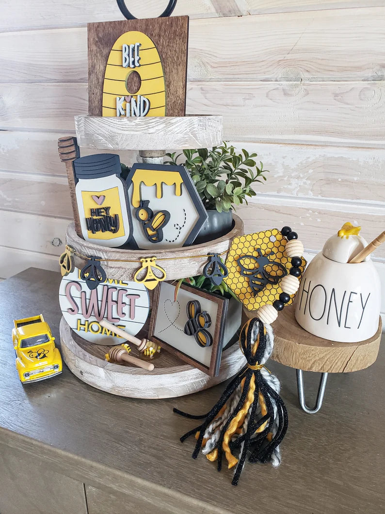 Bee Tiered Tray Wood Signs-Seven pieces included in FULL SET PURCHASE (decor, tray and props not included)