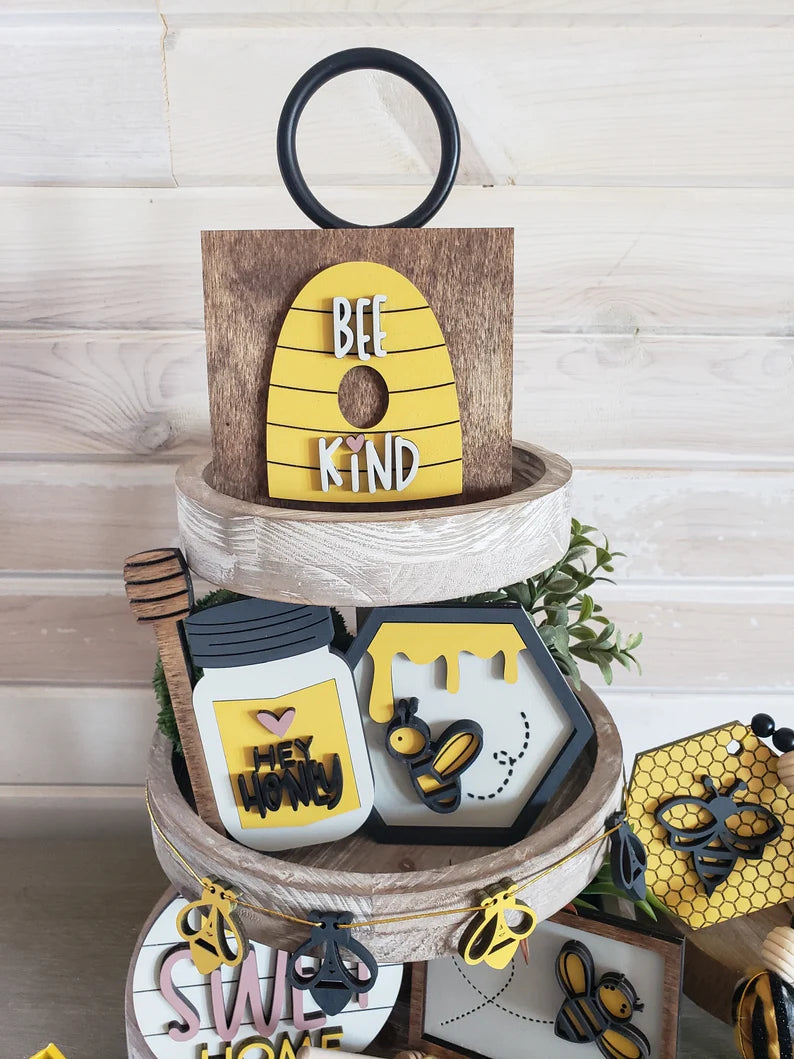 Bee Tiered Tray Wood Signs-Seven pieces included in FULL SET PURCHASE (decor, tray and props not included)