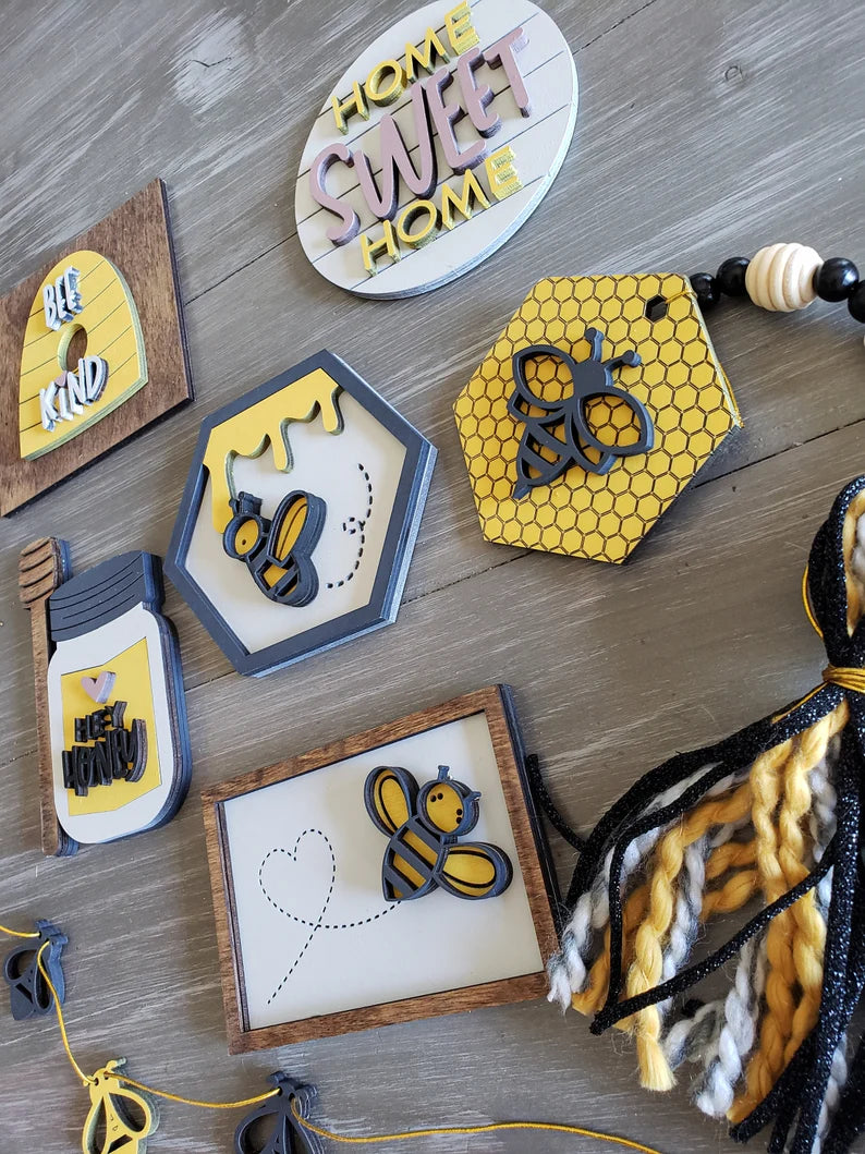 Bee Tiered Tray Wood Signs-Seven pieces included in FULL SET PURCHASE (decor, tray and props not included)