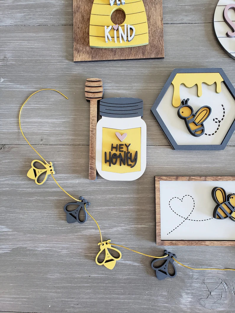 Bee Tiered Tray Wood Signs-Seven pieces included in FULL SET PURCHASE (decor, tray and props not included)