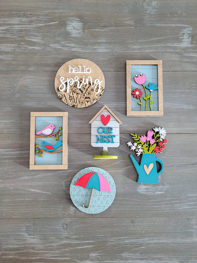 Spring Tiered Tray Wood Sign Set Bundle-Six pieces in FULL SET PURCHASE Only (decor, tray and props not included)