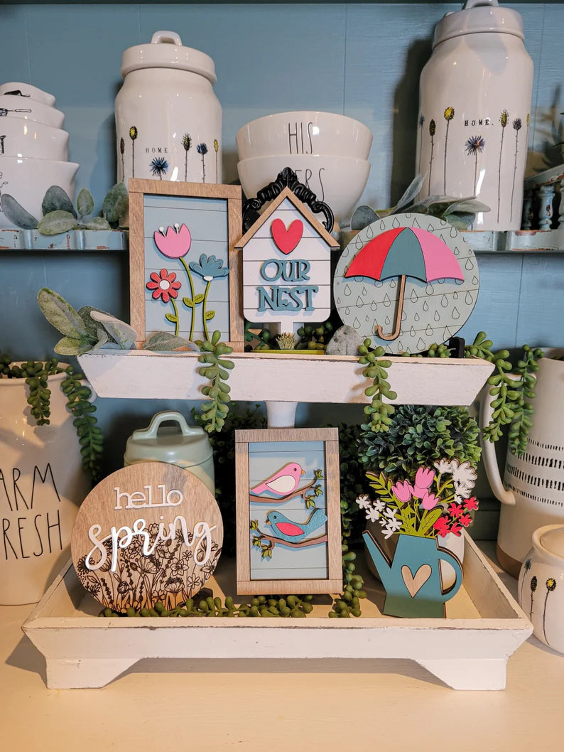 Spring Tiered Tray Wood Sign Set Bundle-Six pieces in FULL SET PURCHASE Only (decor, tray and props not included)