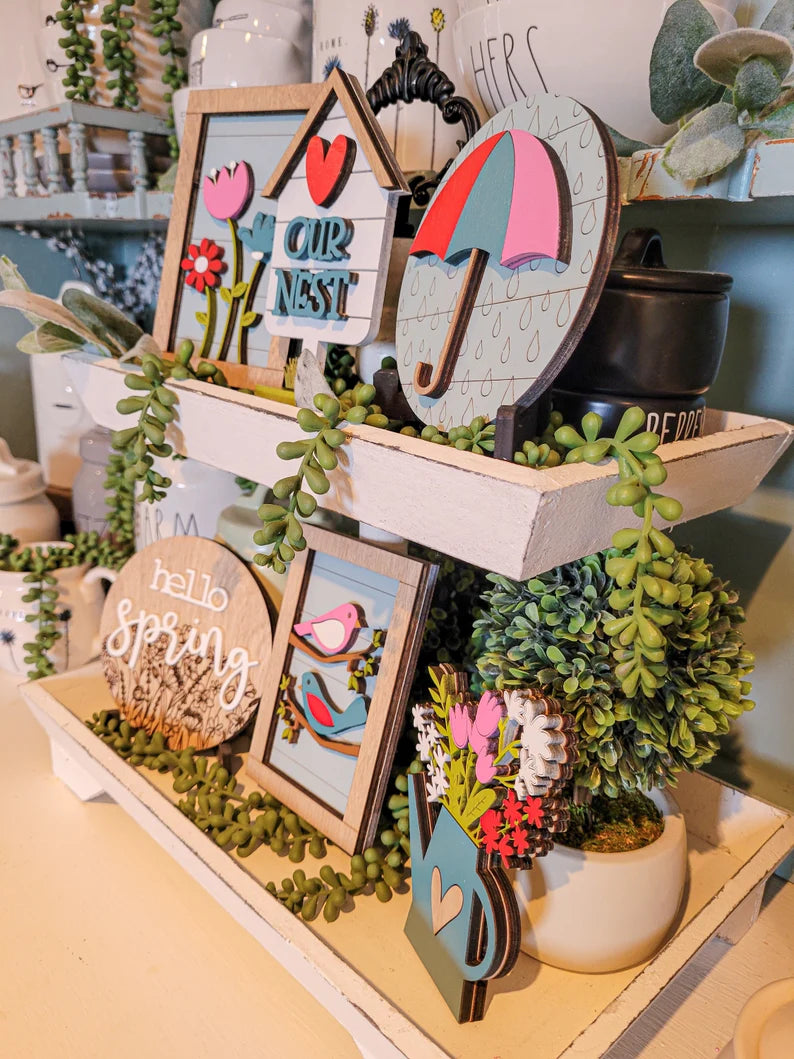 Spring Tiered Tray Wood Sign Set Bundle-Six pieces in FULL SET PURCHASE Only (decor, tray and props not included)