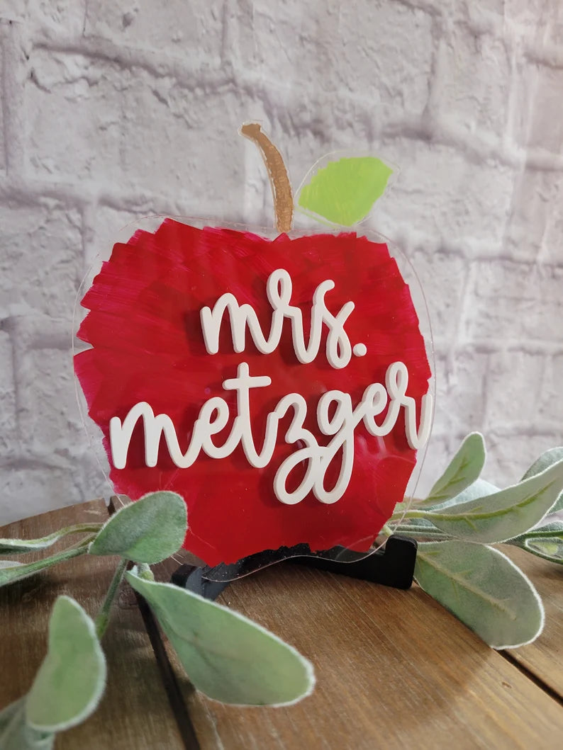 Teacher Apple Custom Name Sign-Clear Acrylic Brush Stroke Painted (Greenery not included)