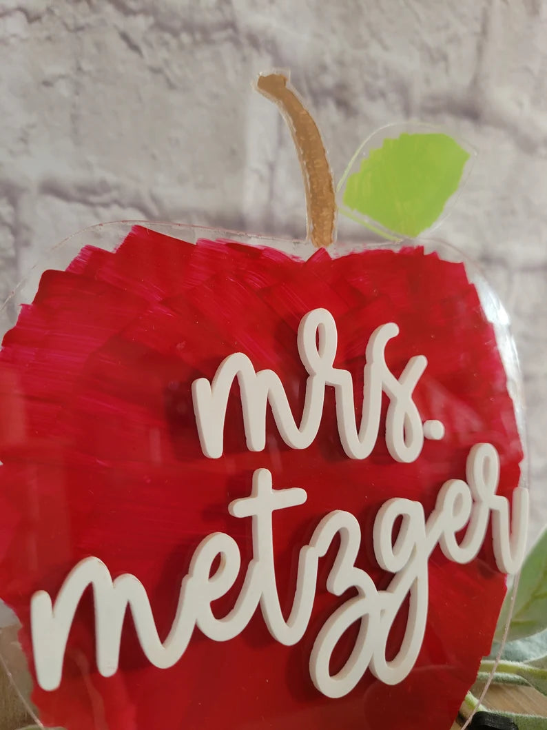 Teacher Apple Custom Name Sign-Clear Acrylic Brush Stroke Painted (Greenery not included)