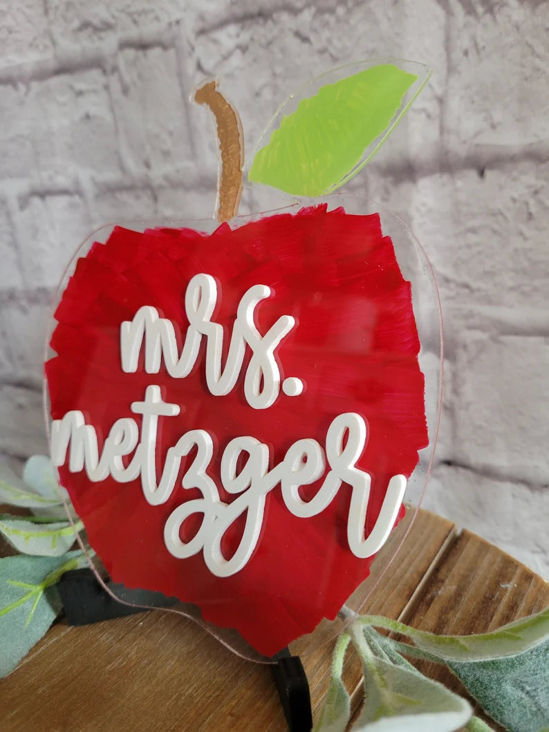 Teacher Apple Custom Name Sign-Clear Acrylic Brush Stroke Painted (Greenery not included)