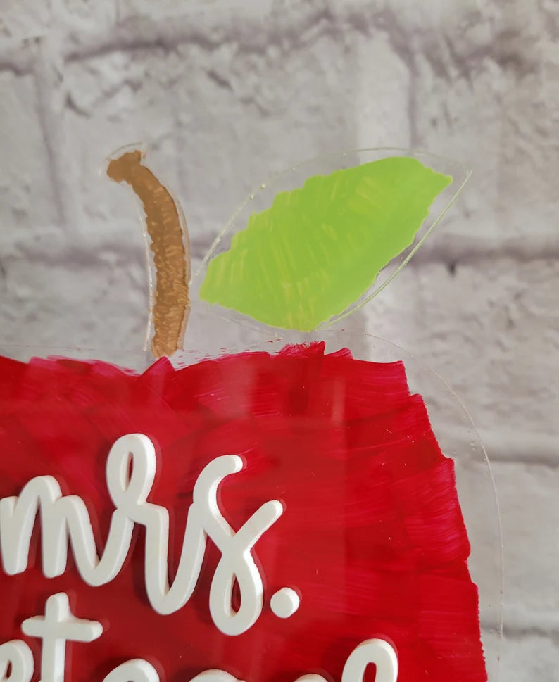 Teacher Apple Custom Name Sign-Clear Acrylic Brush Stroke Painted (Greenery not included)