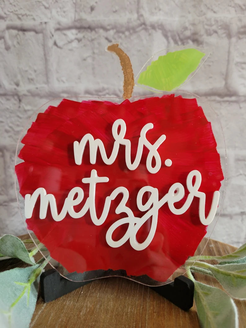 Teacher Apple Custom Name Sign-Clear Acrylic Brush Stroke Painted (Greenery not included)