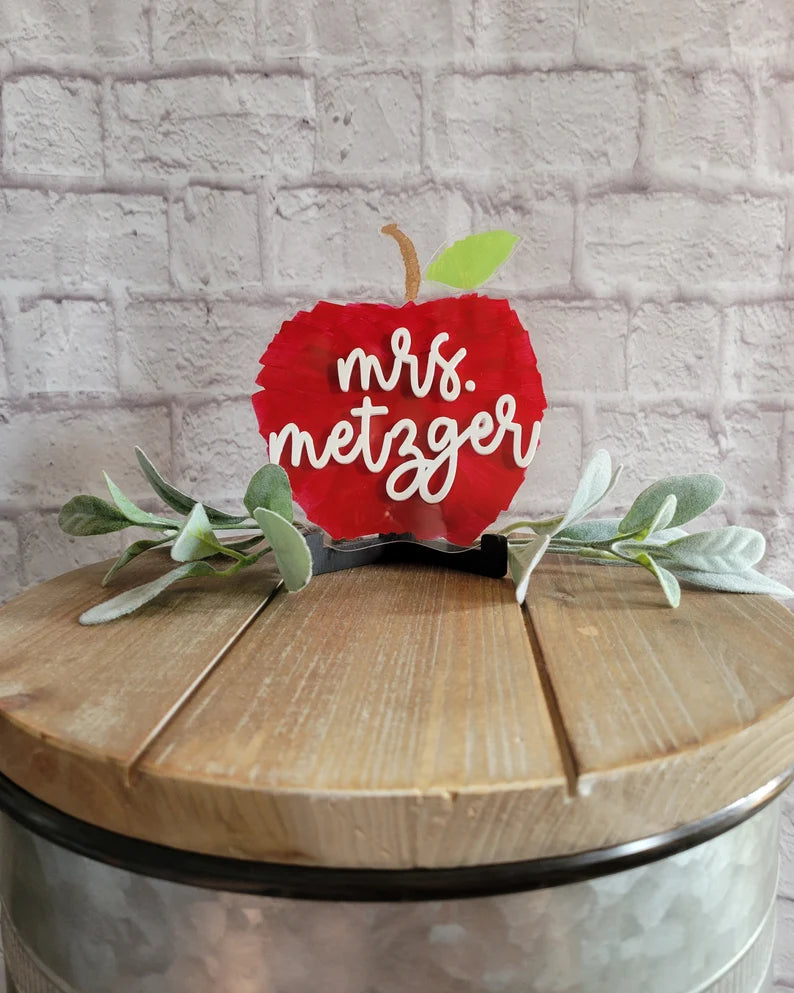 Teacher Apple Custom Name Sign-Clear Acrylic Brush Stroke Painted (Greenery not included)