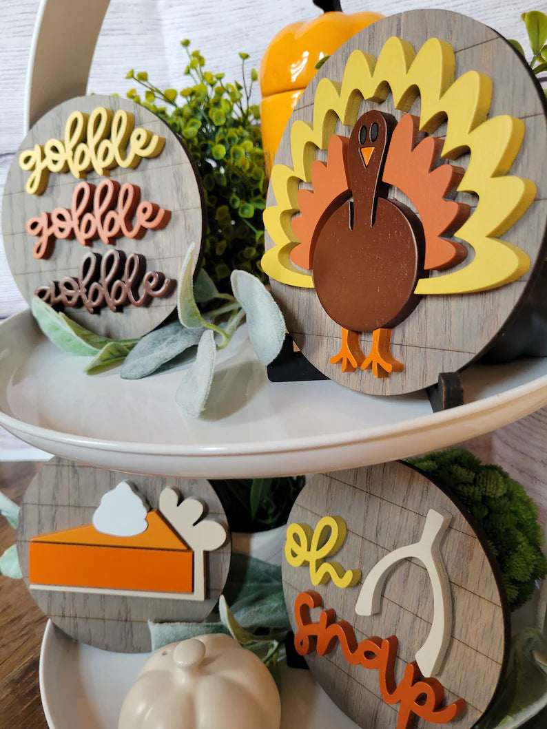 Thanksgiving Fall Autumn Tiered Tray Wood Sign Set Bundle-Four pieces in FULL SET PURCHASE (decor, tray and props not included)