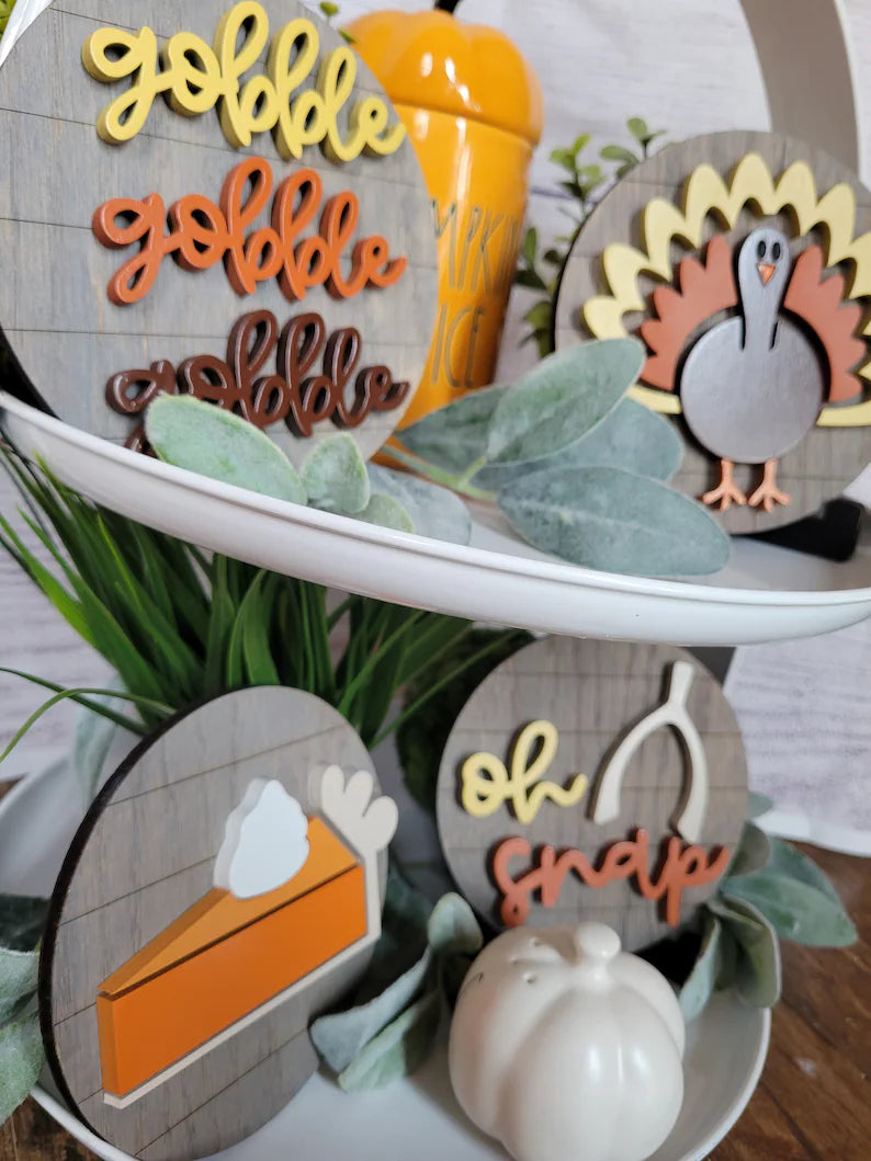 Thanksgiving Fall Autumn Tiered Tray Wood Sign Set Bundle-Four pieces in FULL SET PURCHASE (decor, tray and props not included)