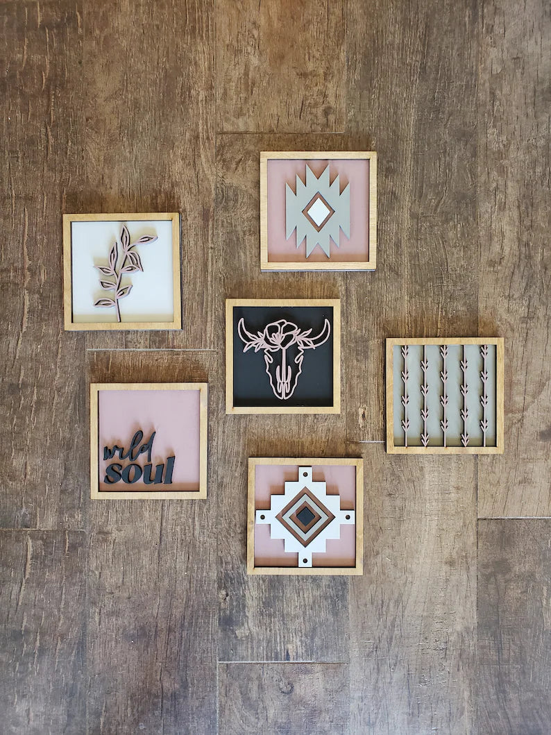 Boho Tiered Tray Wood Signs-Six pieces included in FULL SET PURCHASE (decor, tray, pottery, and props not included)