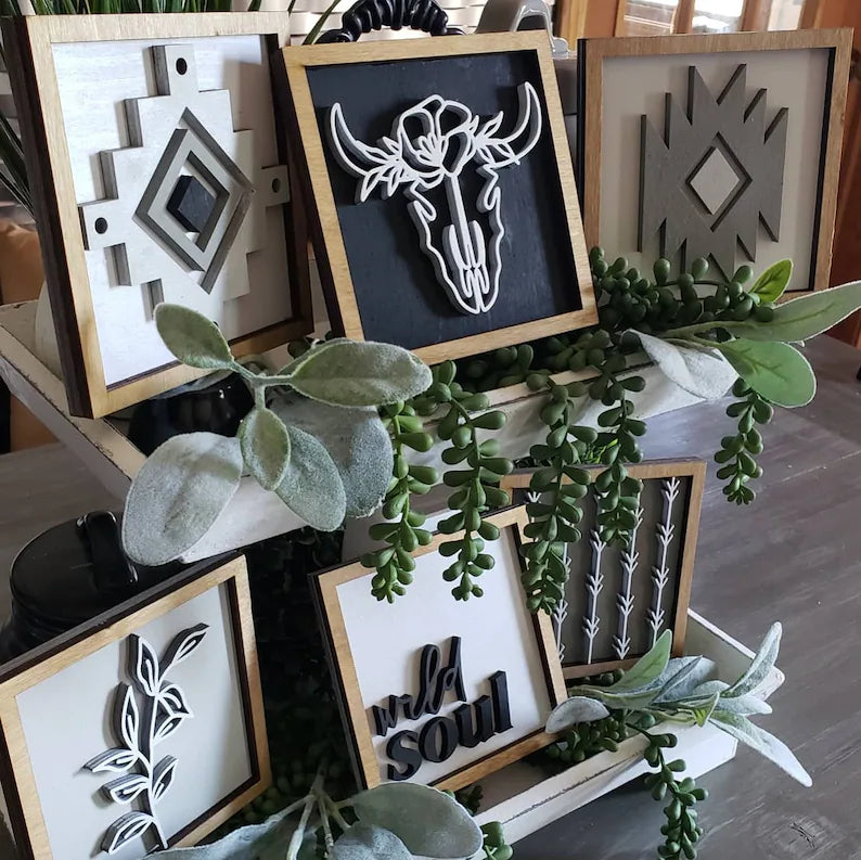 Boho Tiered Tray Wood Signs-Six pieces included in FULL SET PURCHASE (decor, tray, pottery, and props not included)