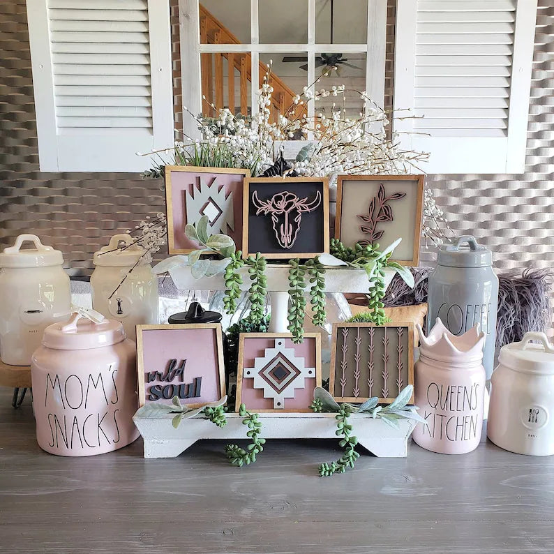 Boho Tiered Tray Wood Signs-Six pieces included in FULL SET PURCHASE (decor, tray, pottery, and props not included)