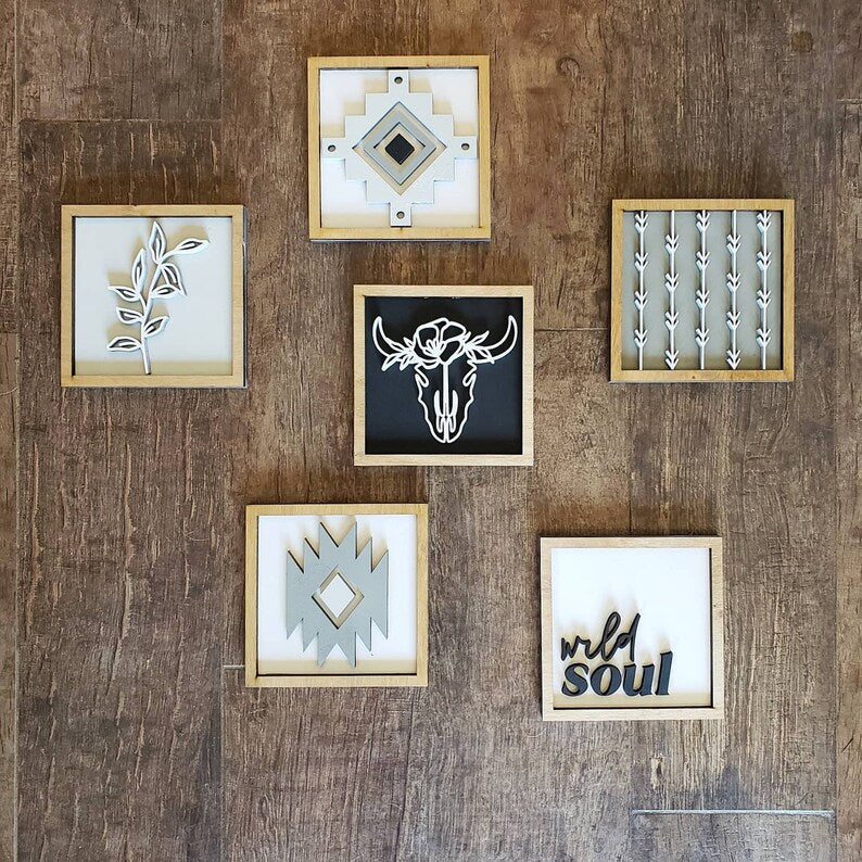 Boho Tiered Tray Wood Signs-Six pieces included in FULL SET PURCHASE (decor, tray, pottery, and props not included)