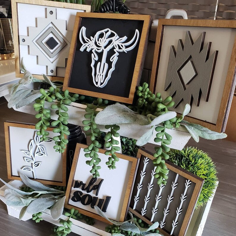 Boho Tiered Tray Wood Signs-Six pieces included in FULL SET PURCHASE (decor, tray, pottery, and props not included)