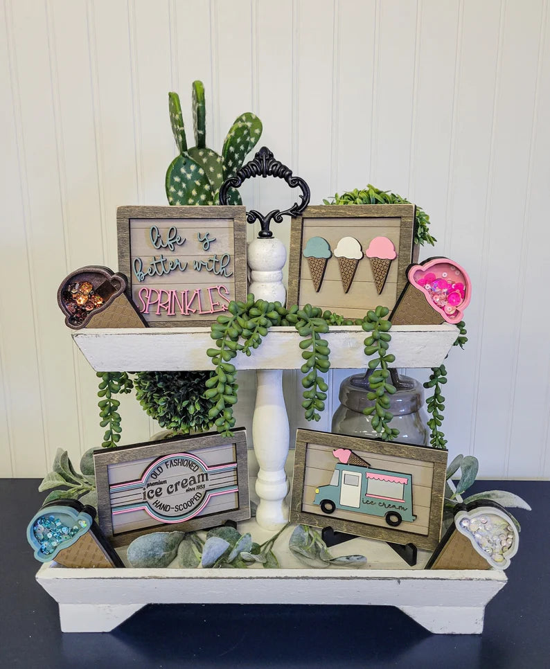 Summer Ice Cream Tiered Tray Wood Sign Set Bundle-Four Signs and Four shakers in FULL SET PURCHASE (decor, tray and props not included)