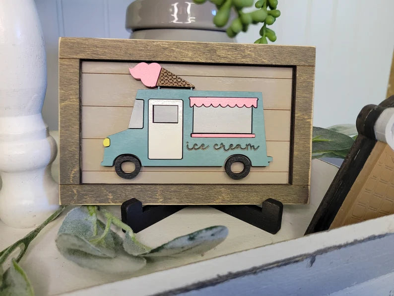 Summer Ice Cream Tiered Tray Wood Sign Set Bundle-Four Signs and Four shakers in FULL SET PURCHASE (decor, tray and props not included)