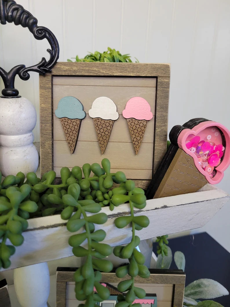 Summer Ice Cream Tiered Tray Wood Sign Set Bundle-Four Signs and Four shakers in FULL SET PURCHASE (decor, tray and props not included)