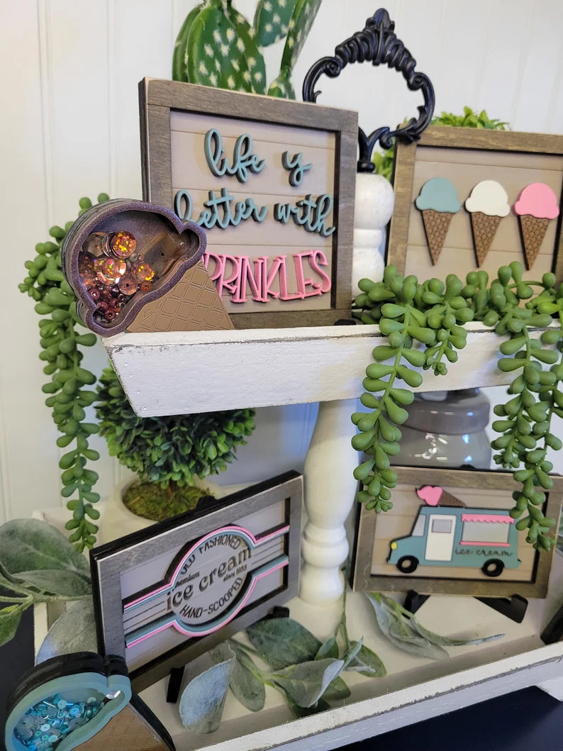 Summer Ice Cream Tiered Tray Wood Sign Set Bundle-Four Signs and Four shakers in FULL SET PURCHASE (decor, tray and props not included)