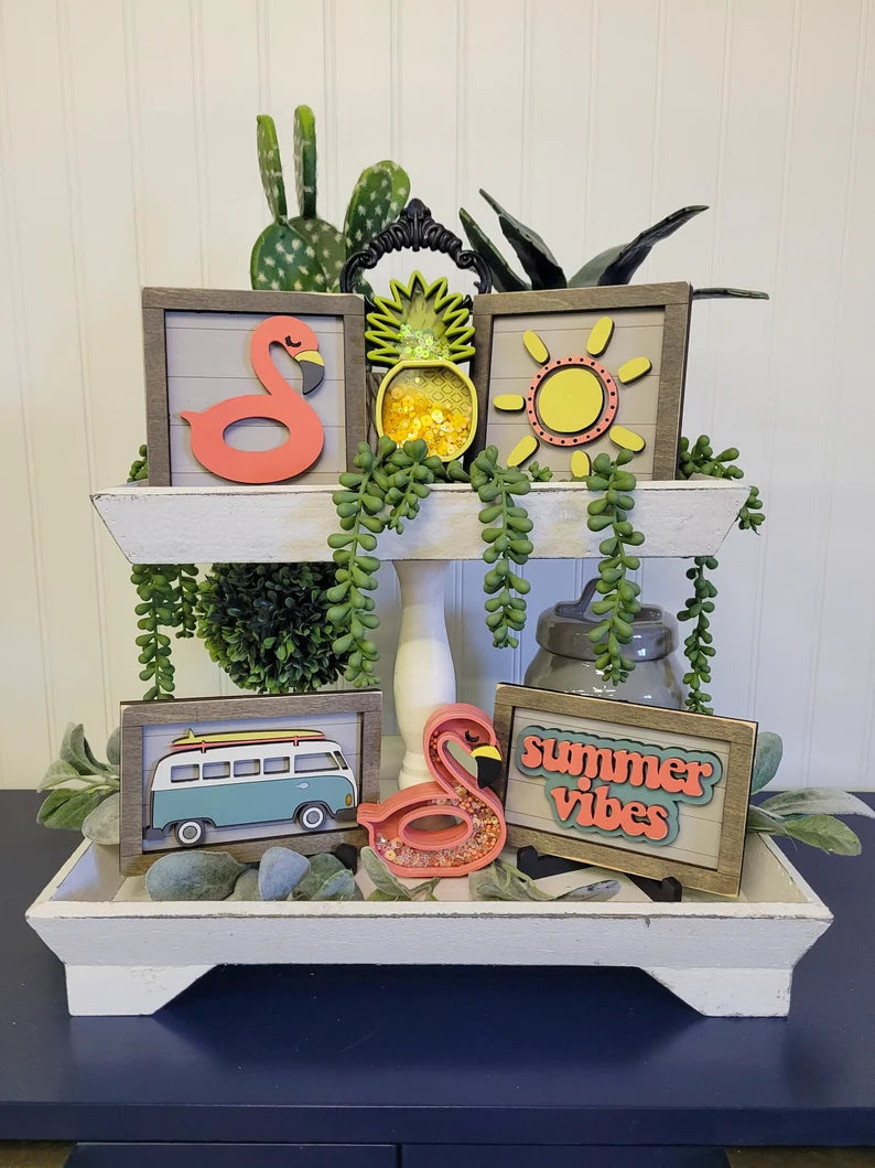 Summer Vibes Retro Tiered Tray Wood Sign Set Bundle-Four Signs and two shakers in FULL SET PURCHASE (decor, tray and props not included)