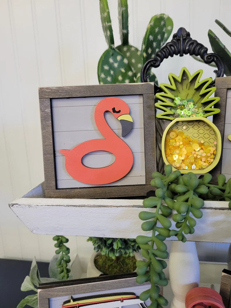 Summer Vibes Retro Tiered Tray Wood Sign Set Bundle-Four Signs and two shakers in FULL SET PURCHASE (decor, tray and props not included)