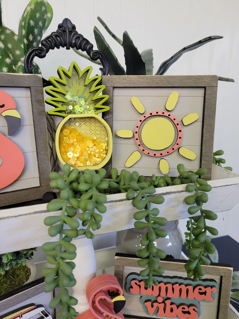 Summer Vibes Retro Tiered Tray Wood Sign Set Bundle-Four Signs and two shakers in FULL SET PURCHASE (decor, tray and props not included)