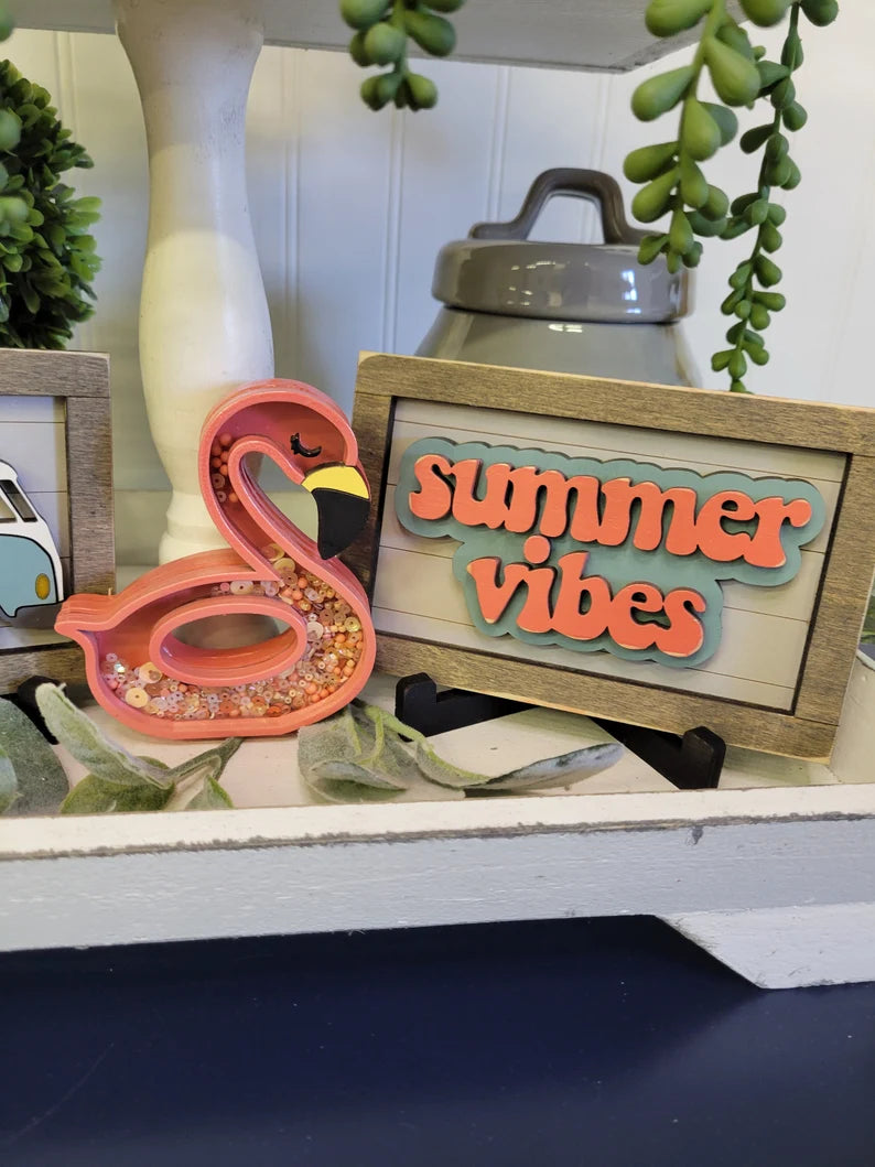 Summer Vibes Retro Tiered Tray Wood Sign Set Bundle-Four Signs and two shakers in FULL SET PURCHASE (decor, tray and props not included)