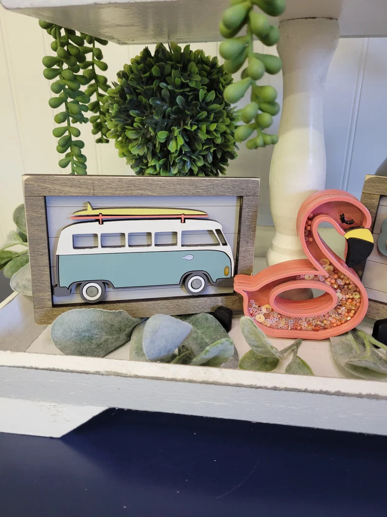 Summer Vibes Retro Tiered Tray Wood Sign Set Bundle-Four Signs and two shakers in FULL SET PURCHASE (decor, tray and props not included)