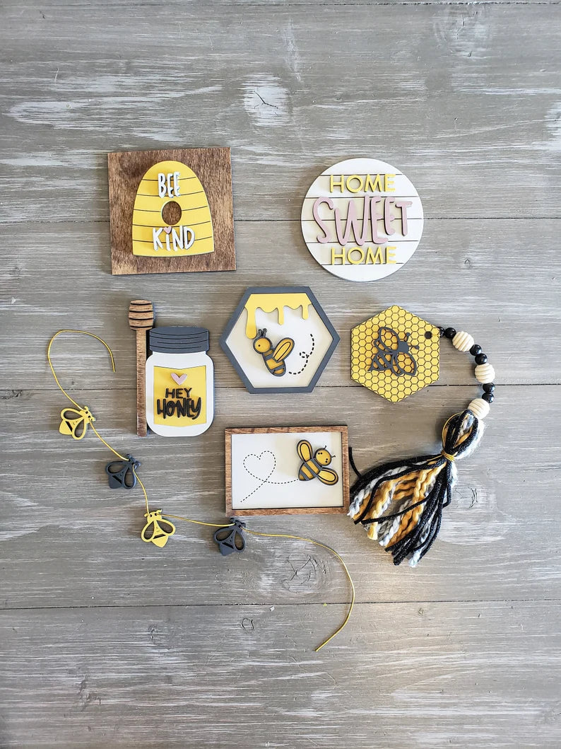 Bee Tiered Tray Wood Signs-Seven pieces included in FULL SET PURCHASE (decor, tray and props not included)
