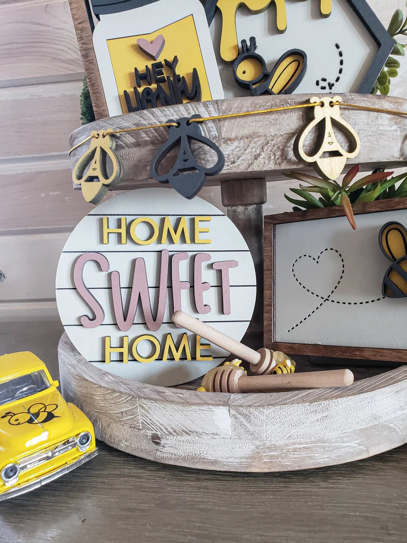 Bee Tiered Tray Wood Signs-Seven pieces included in FULL SET PURCHASE (decor, tray and props not included)