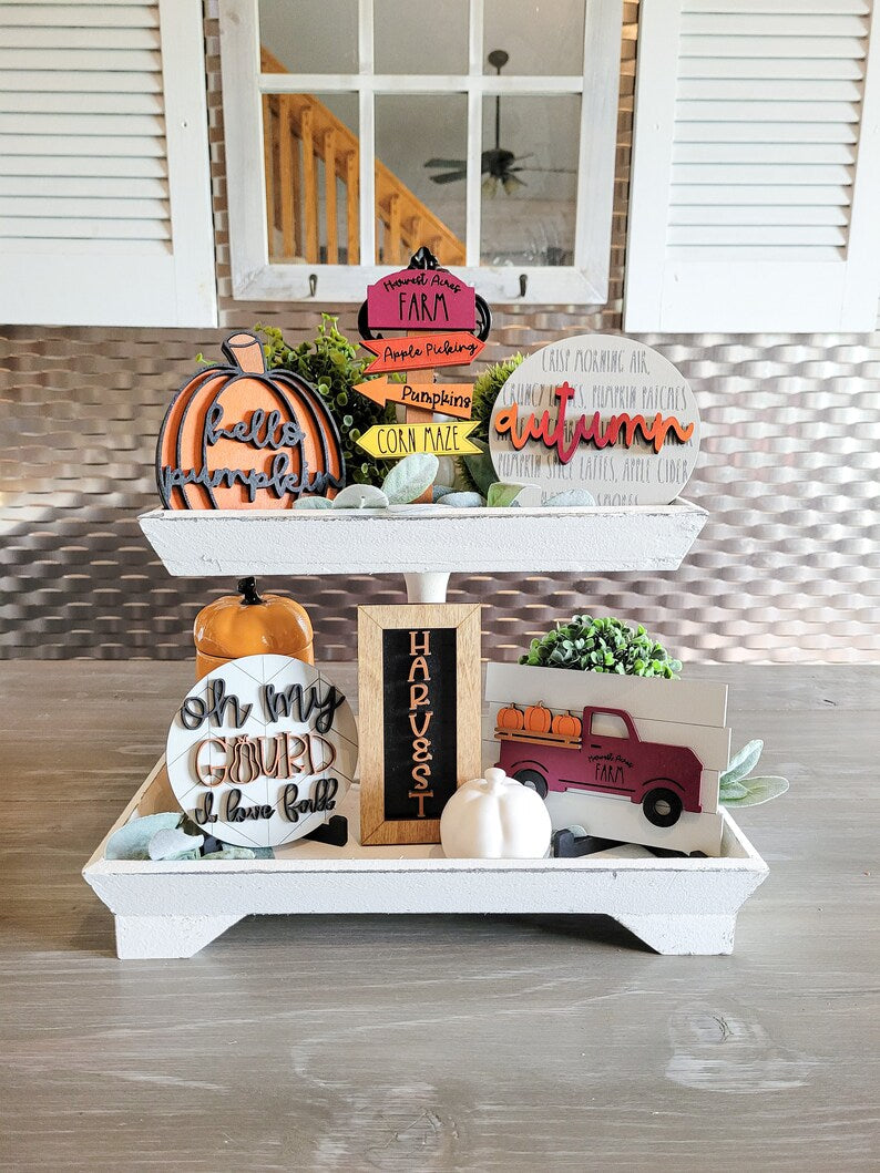 Fall Autumn Tiered Tray Wood Sign Set Bundle-Six pieces in FULL SET PURCHASE (decor, tray and props not included)
