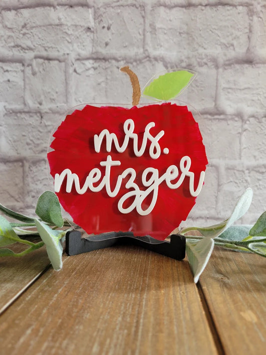 Teacher Apple Custom Name Sign-Clear Acrylic Brush Stroke Painted (Greenery not included)