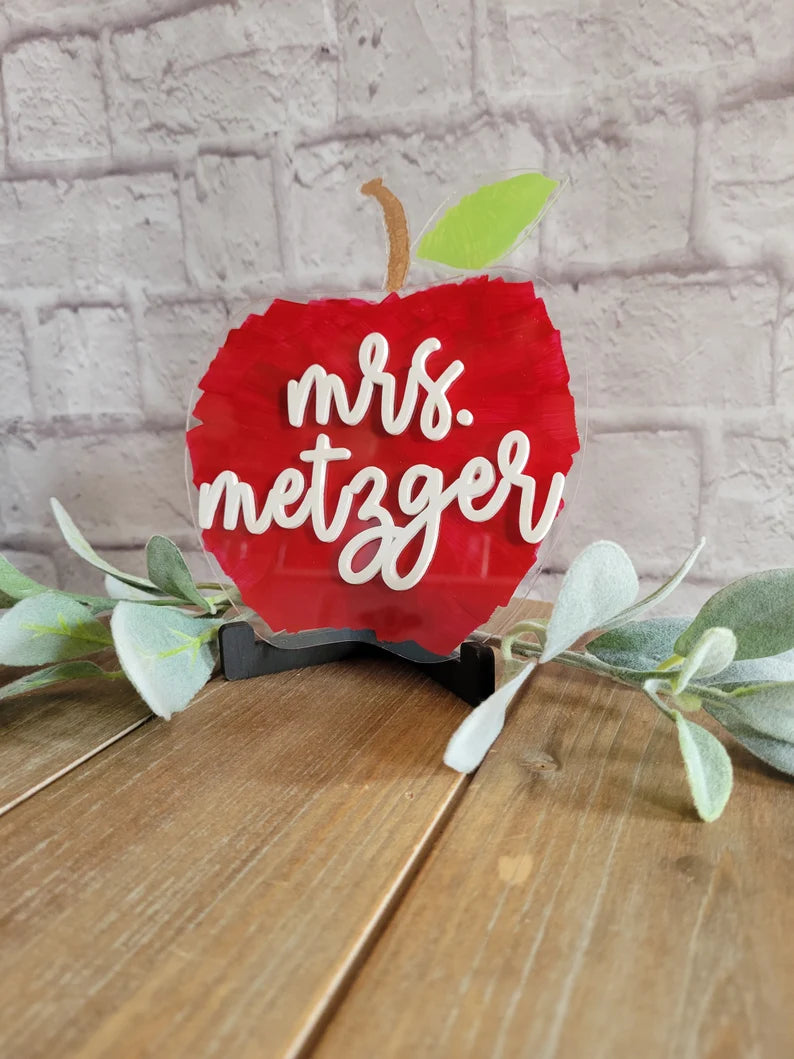 Teacher Apple Custom Name Sign-Clear Acrylic Brush Stroke Painted (Greenery not included)