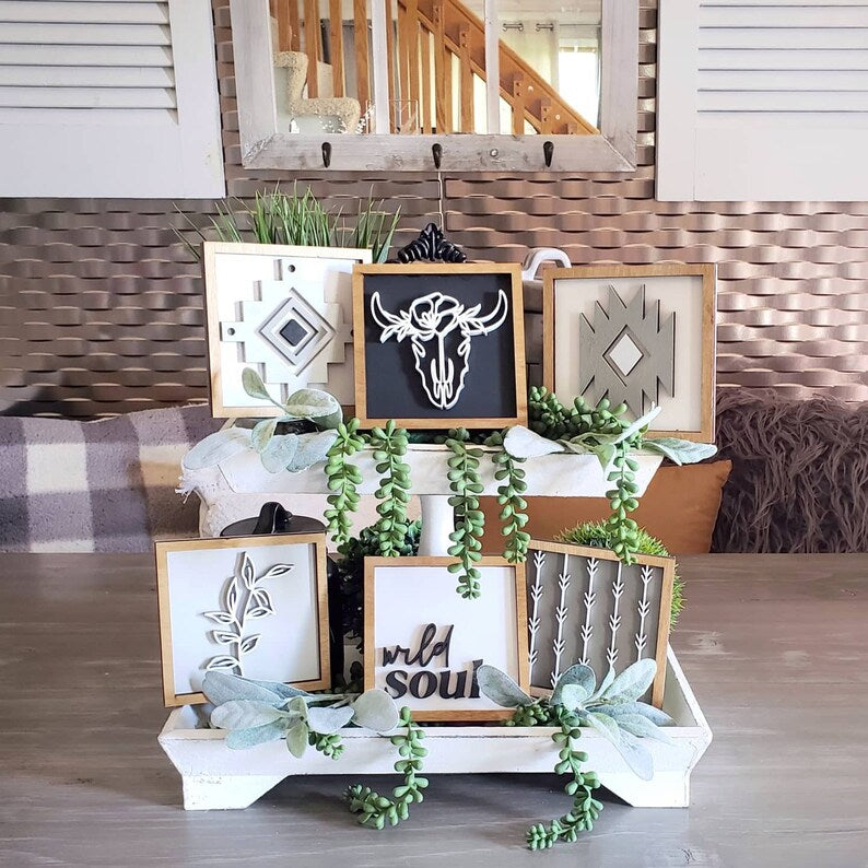 Boho Tiered Tray Wood Signs-Six pieces included in FULL SET PURCHASE (decor, tray, pottery, and props not included)
