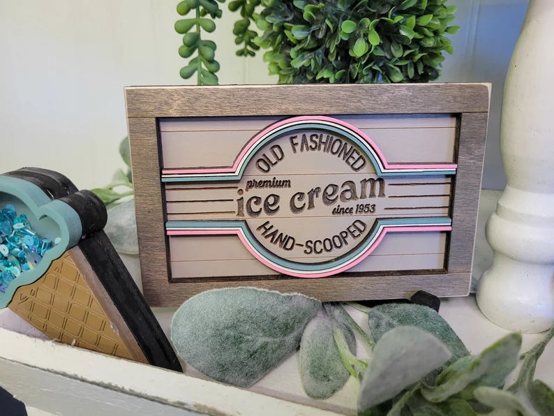 Summer Ice Cream Tiered Tray Wood Sign Set Bundle-Four Signs and Four shakers in FULL SET PURCHASE (decor, tray and props not included)