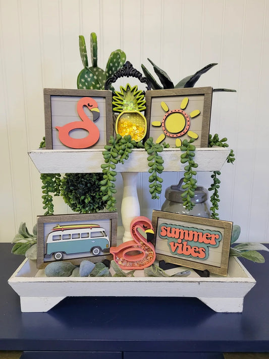 Summer Vibes Retro Tiered Tray Wood Sign Set Bundle-Four Signs and two shakers in FULL SET PURCHASE (decor, tray and props not included)