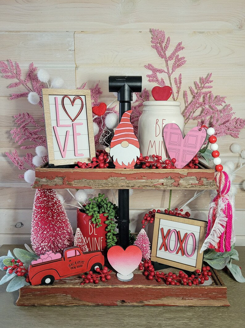 Valentine's Day Winter Tiered Tray Wood Sign Set Bundle-Six pieces in FULL SET PURCHASE (decor, tray and props not included)